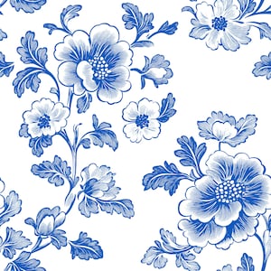 May include: A seamless pattern featuring blue floral designs on a white background. The flowers have detailed petals and are surrounded by leaves. The design is reminiscent of classic porcelain patterns.