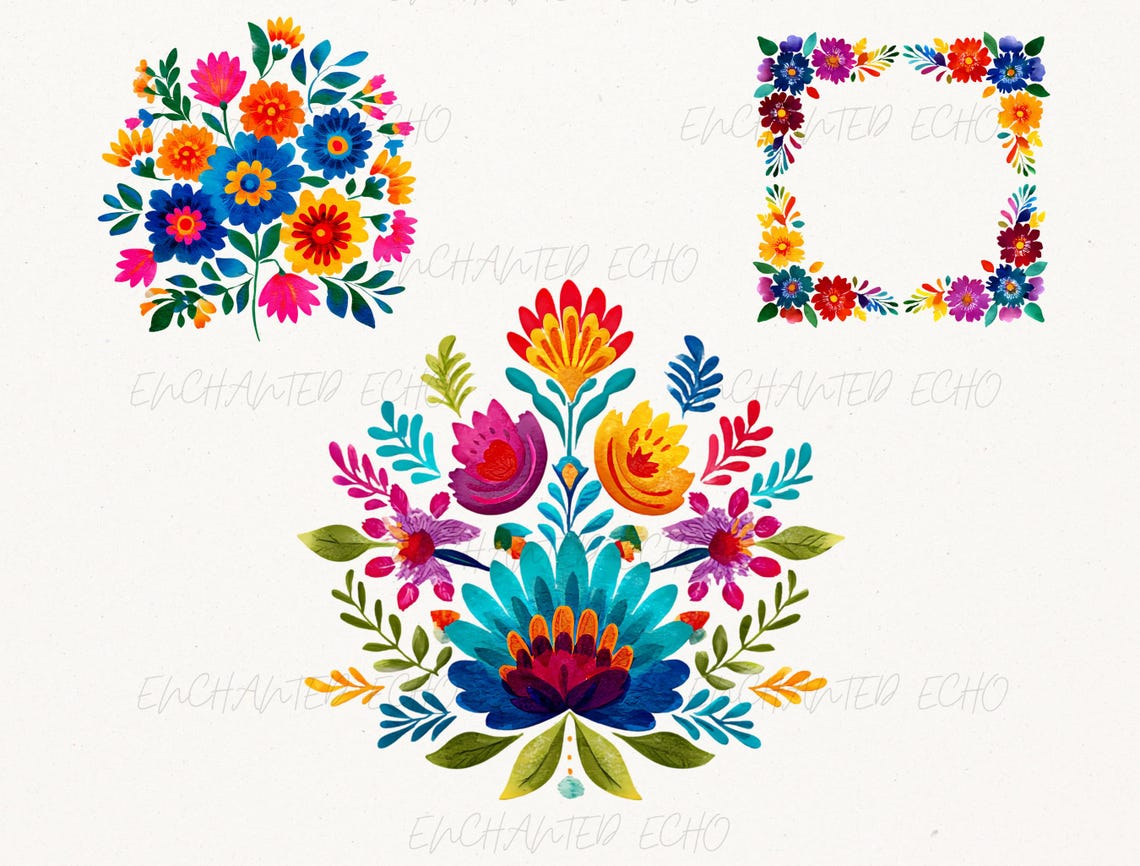 Mexican Fiesta Flowers Clipart Bundle - 23 Images Watercolor Otomi ...