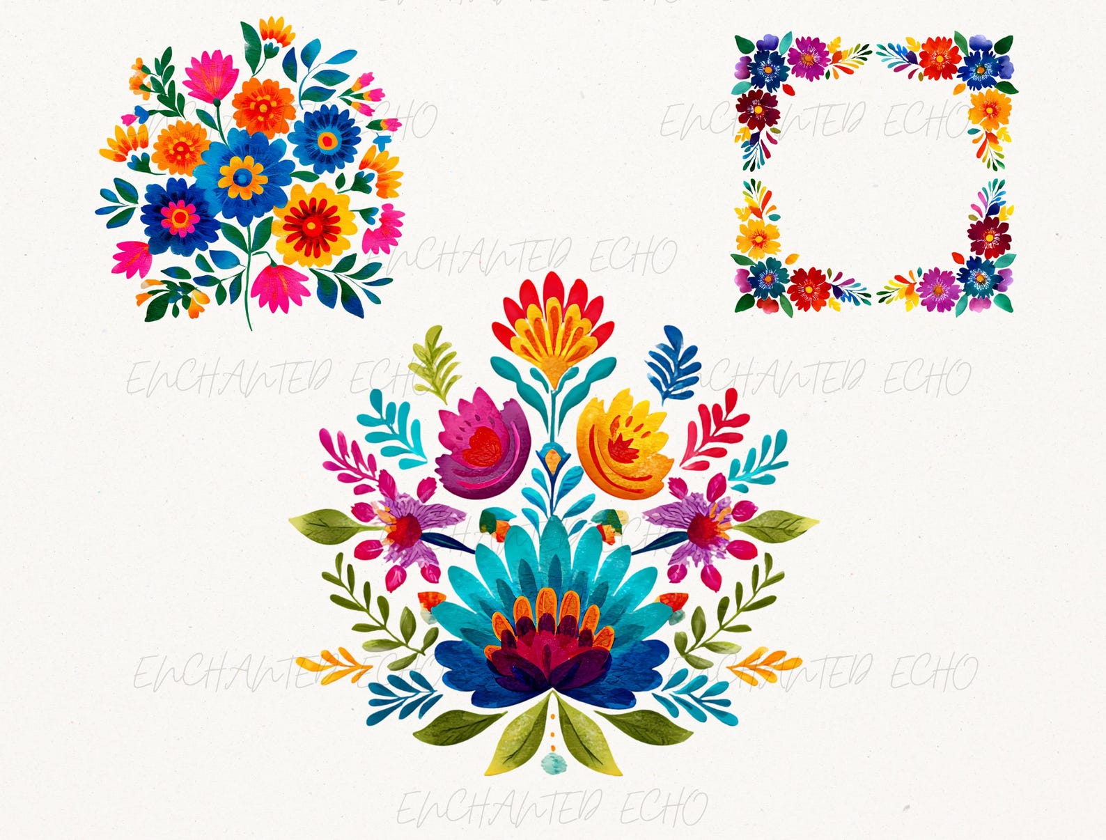 Mexican Fiesta Flowers Clipart Bundle - 23 Images Watercolor Otomi ...