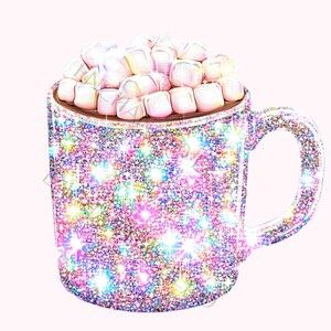 May include: A sparkly pink and blue mug filled with hot chocolate topped with white marshmallows.