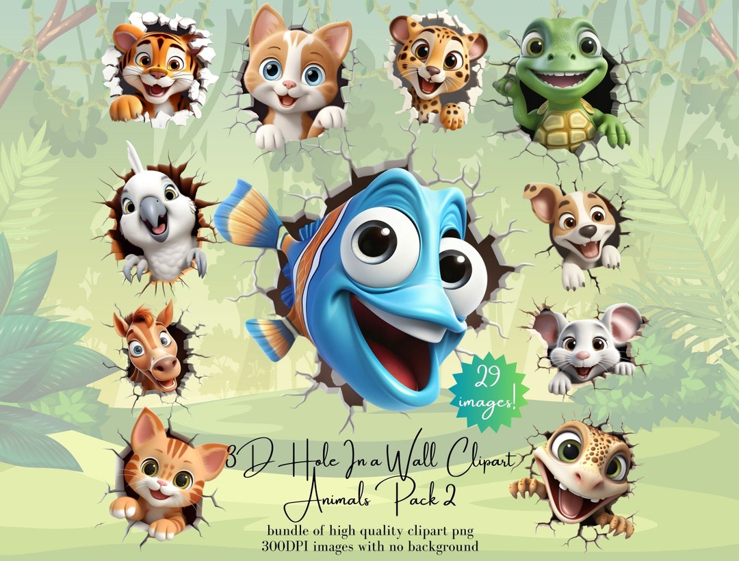 3D Animals Clipart Bundle - Cartoon Animal Hole in the Wall PNG ...