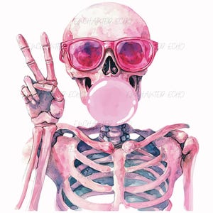 May include: Watercolor illustration of a pink skeleton wearing pink sunglasses and blowing a pink bubble. The skeleton is giving the peace sign with its hand. The image has a white background.