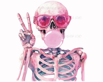 Pink Skeleton PNG, Halloween Bubble Gum Skull Clipart for Shirt Sublimation (Digital Download)