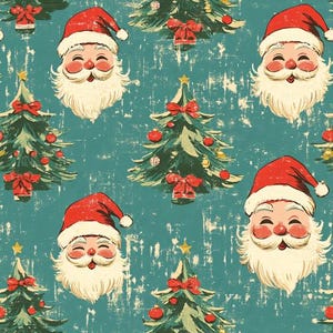 May include: A repeating pattern featuring Santa Claus faces and Christmas trees on a teal background. The Santa faces have red hats and white beards. The Christmas trees are green with red bows and ornaments.