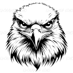 Op de afbeelding: Een zwart-witte illustratie van een adelaarskop met een woeste uitdrukking. De snavel van de adelaar is gesloten en zijn ogen zijn vernauwd. De veren zijn gedetailleerd en realistisch.