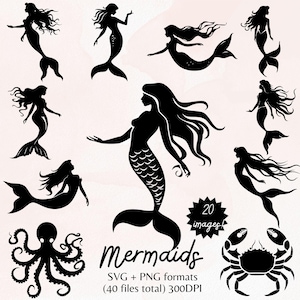 Silhouette de sirène SVG & PNG Bundle - 20 Images - 40 fichiers au total - océan Svg, queue de sirène Svg, jolie sirène Bundle Svg, usage Commercial