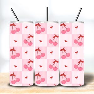 Pink Cherry Skinny Tumbler Wrap 20 oz Seamless PNG Gingham Cherries Sublimation Design Pink Checkered Cherries PNG Template Coquette Bow PNG