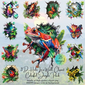 Bundle de cliparts 3D dans la jungle tropicale colorée Fissure 3D dans le mur PNG haute qualité oiseaux papillons Pngs Clipart à usage commercial
