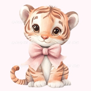 Può includere: Un adorabile cucciolo di tigre dei cartoni animati con strisce arancioni e nere che indossa un fiocco rosa. La tigre è seduta su uno sfondo bianco.