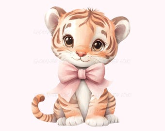 Tigrinho bebê com laço rosa PNG - Clipart para quarto de bebê com tema selva, sublimação em aquarela estilo safari (download digital)