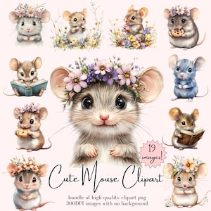 Clipart de souris mignonnes Clipart aquarelle de souris mignonnes pngs, 19 Images 300DPI à usage commercial inclus Animalsclipart graphiques mignons