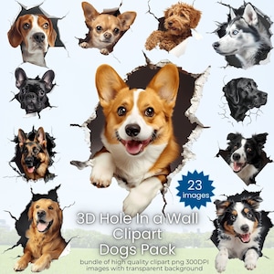 Pacchetto di clipart di cani 3D con buco nel muro - 23 PNG di alta qualità - Razze di cani Png, Clipart 3D, Clipart di testa di cane, Faccia di cucciolo Png, Uso commerciale