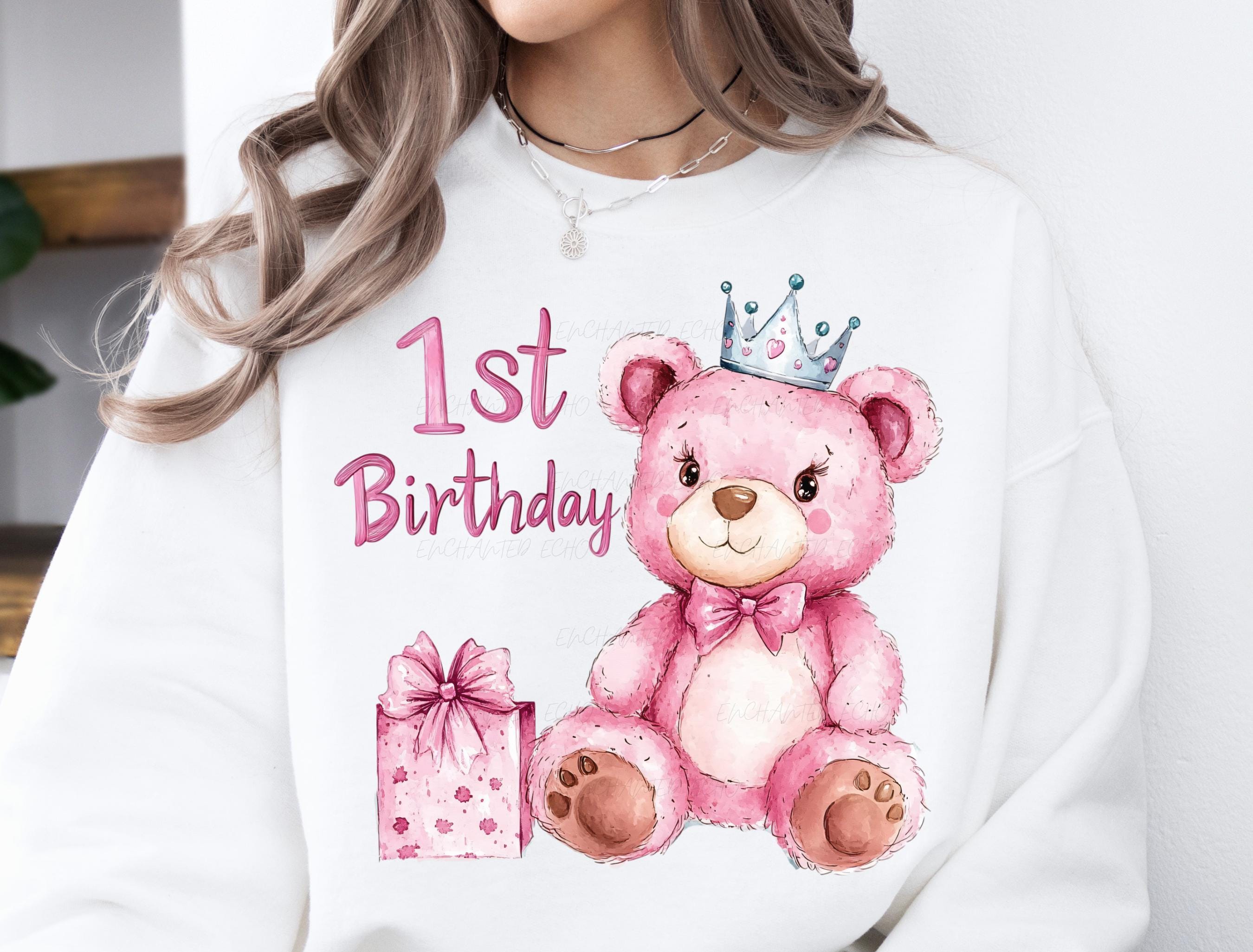 Pink Teddy Bear 1st Birthday PNG: Baby Girl First Bday Sublimation ...