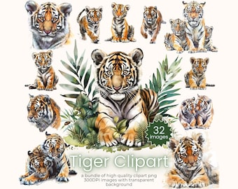 Tigers Clipart, Realistic Watercolor Style Tiger Jungle Safari Sublimation