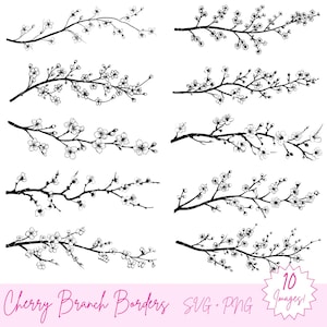 Kirschblüten-Zweigrahmen SVG & PNG-Bundle - 10 Wildblumenbilder, 20 Gesamtdateien - Zweigrahmen, Kirschzweig-Svg, zarte Blumen