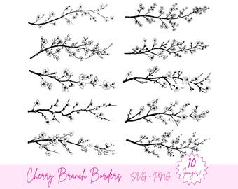 Cherry Blossom Branch Borders SVG + PNG Bundle – Floral Branches Sublimation Design (Digital Download)