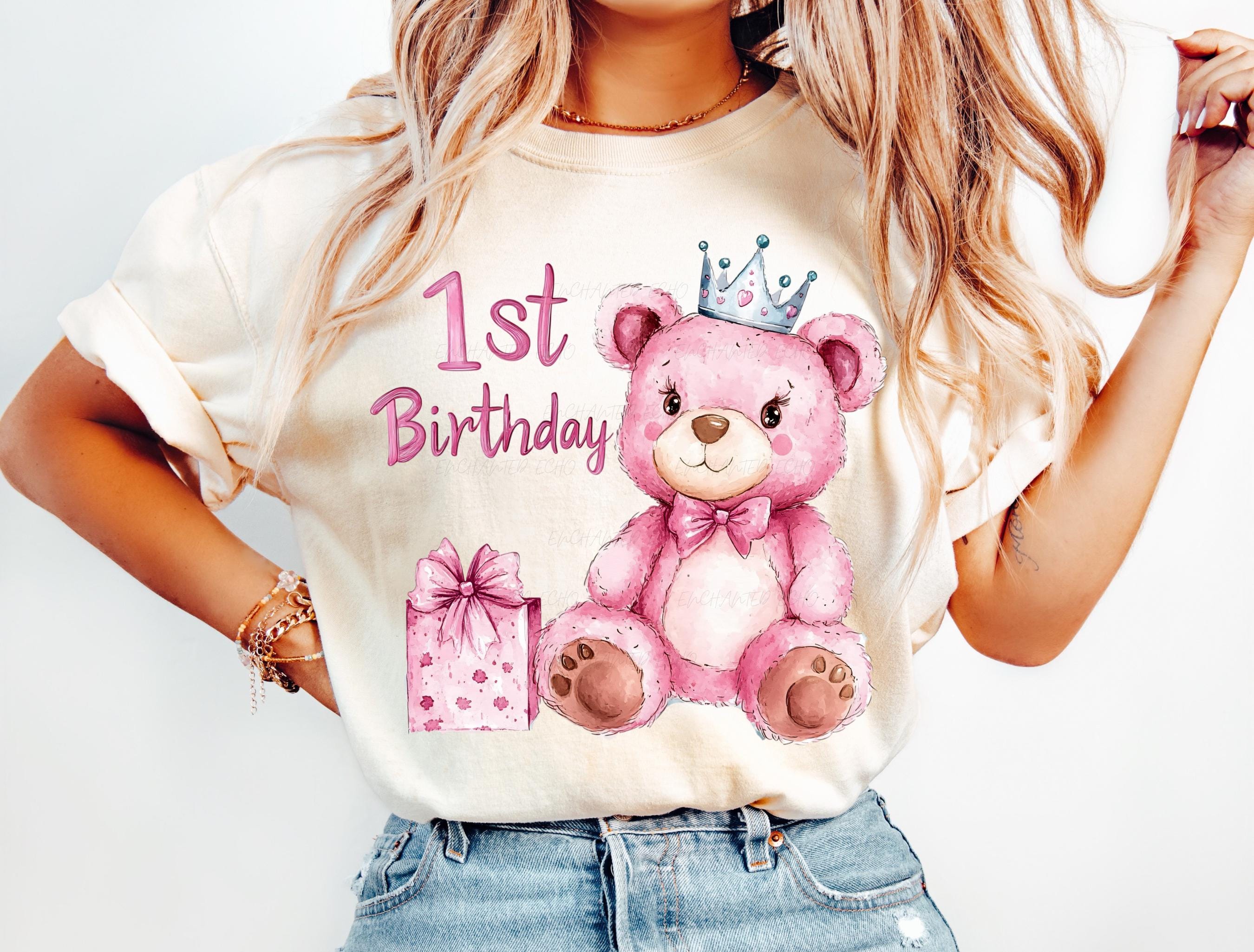 Pink Teddy Bear 1st Birthday PNG: Baby Girl First Bday Sublimation ...