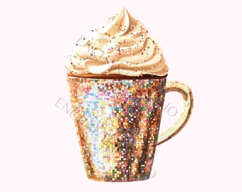 Glitter Hot Cocoa Clipart: Latte Sequin Coffee PNG, Sparkly Winter Drink Sublimation