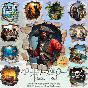 Pirate 3D-gat in een muur clipartbundel - 27 PNG's HD - Undersea Pirates Adventure Treasure png, 3D Fantasy Buccaneer-clipart, commercieel gebruik