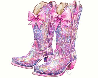 Disco Coastal Cowgirl Boots PNG - Glitter Western Pink Bow Cowboy Boots Sublimation