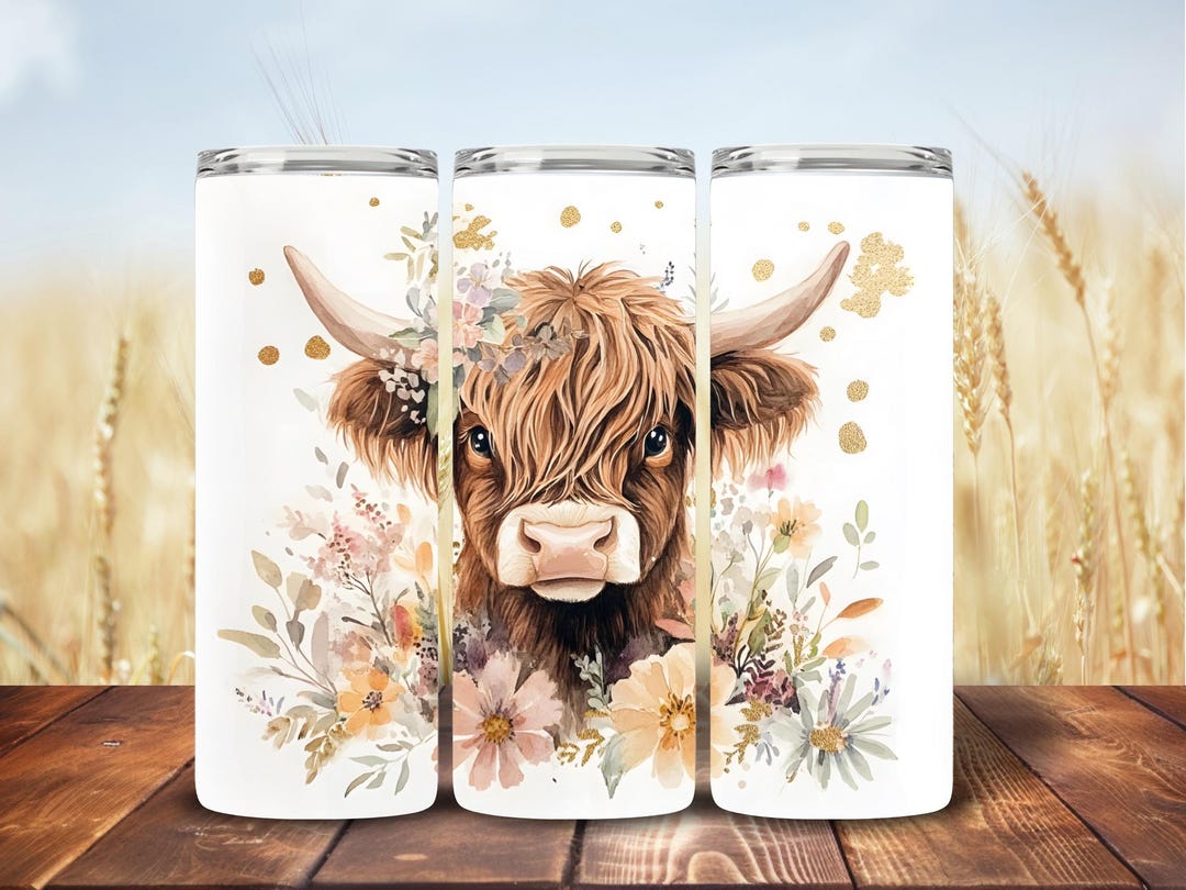 Wildflower Flower Crown Highland Cow Heifer Skinny Tumbler Wrap 20 Oz ...