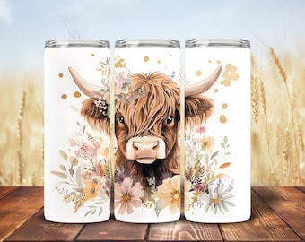 Wildflower Flower Crown Highland Cow Skinny Tumbler Wrap 20 oz Seamless PNG