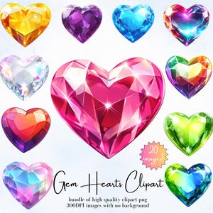 Conjunto de clipart de coração de diamante com 20 pngs - Pacote de png de corações de gemas - Clipart romântico de dia dos namorados - PNG de amor - Joias de coração em aquarela