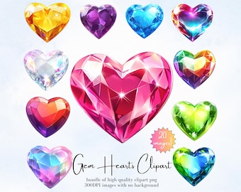 Diamond Heart Clipart Set of 20 Pngs Gem Hearts Png Bundle
