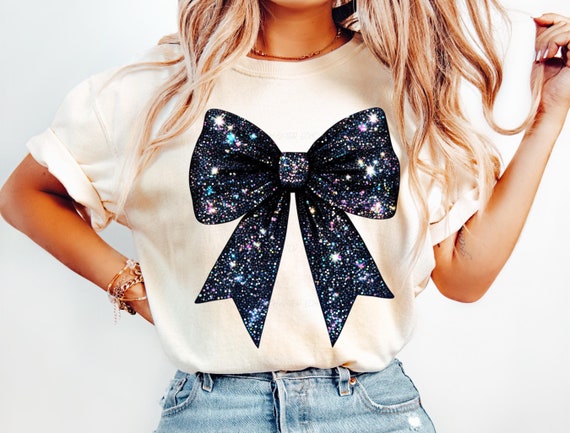 Glitter Black Bow PNG - Sparkly Disco Ball Dance Bow Clipart, Faux Sequin Ribbon Sublimation