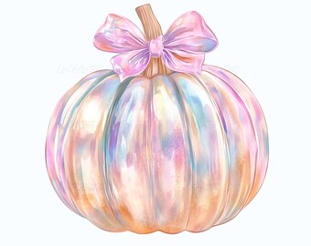 Calabaza iridiscente con lazo PNG – Imágenes prediseñadas de otoño de Halloween con efecto nacarado para sublimación