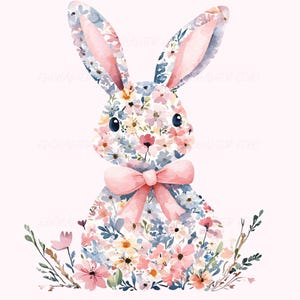 Kokette Ostern Wildblumen Hase Png - Frühling Wildblumen Osterhase Png Kokette Rosa Schleife Kaninchen Png Niedliches Häschen Sublimation Rosa Schleife