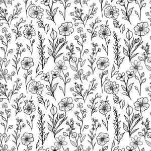 May include: Black and white line drawing of a floral pattern featuring various flowers and leaves. The pattern is seamless and can be used for a variety of purposes, such as fabric, wallpaper, or wrapping paper.