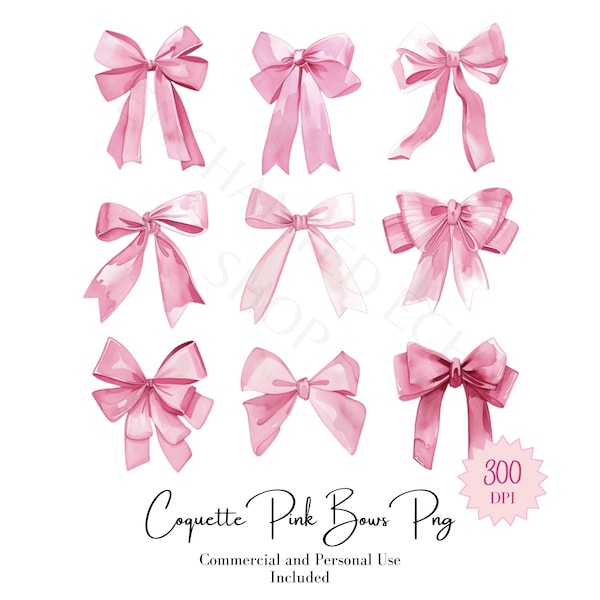 Whimsical Pink Bows Clipart Bundle, Soft Girl Aesthetic Decor, Perfect for Crafting Projects,  Instant Download for Commercial Use