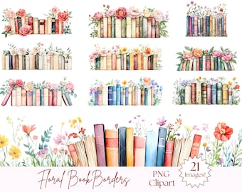 Wildflower Book Clipart Bundle - Watercolor Flowers Books PNG Pack, Floral Book Border Sublimation (DigitalDownload)