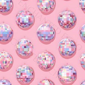 May include: A pattern of disco balls in pastel colors, including pink, blue, purple, and yellow. Each ball is made up of small, square mirrored tiles. The background is a solid pink color. The disco balls have a small loop at the top.