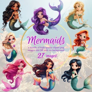 Clipart magnifique sirène, graphismes de sirènes fantastiques, lot sous-marin pour enfants, images de sirène enchantée, usage commercial 27 png