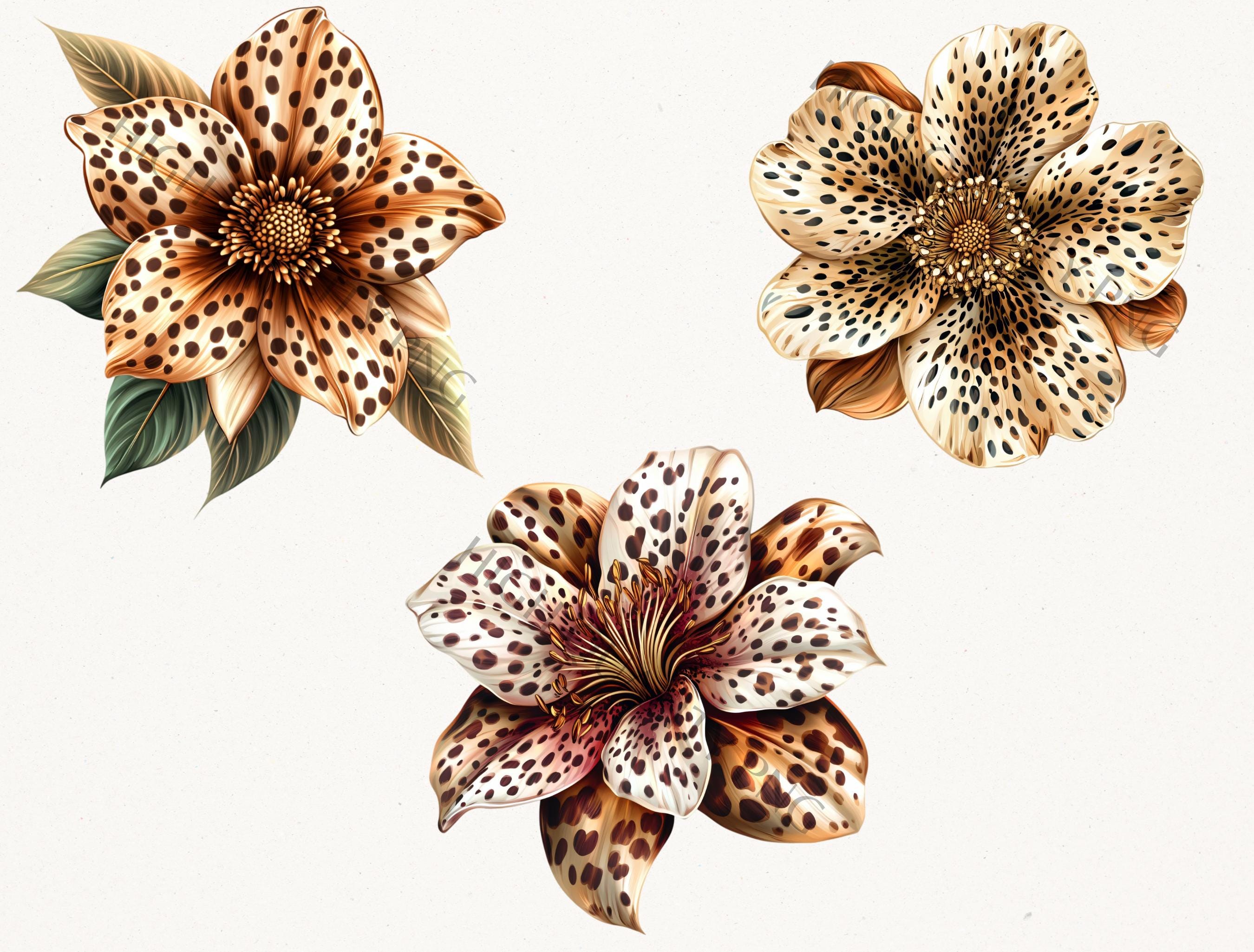 Leopard Print Flower Clipart Bundle - Watercolor Cheetah Print