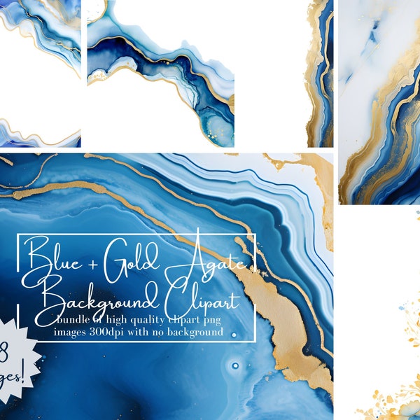 Blue and Gold Watercolor Agate Borders Clipart 300DPI Commercial Use Digital Watercolor PNG Overlays Wedding Invitation Card Making HD Pack