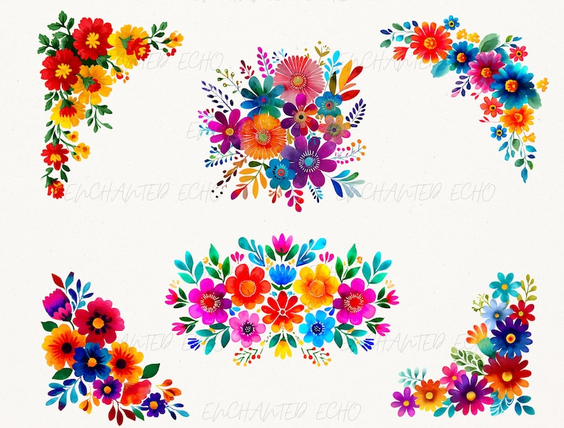 Mexican Fiesta Flowers Clipart Bundle - 23 Images Watercolor Otomi ...