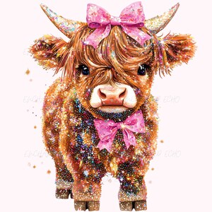 Glitter Highland Cow Png - Coquette Glitter Pink Bow Png, Vaca Valentines Png, Highland Calf Faux Sequin Sublimation - Glitter Girly Clipart