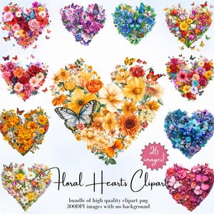 Set di clipart di cuori floreali ad acquerello - 26 PNG di cuori di farfalle - Cuori botanici - Clipart di San Valentino - Immagini di fiori primaverili e farfalle