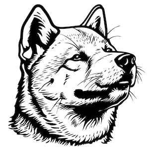 May include: Black and white line art illustration of a Shiba Inu dog's head. The dog is looking to the right and has its mouth slightly open.