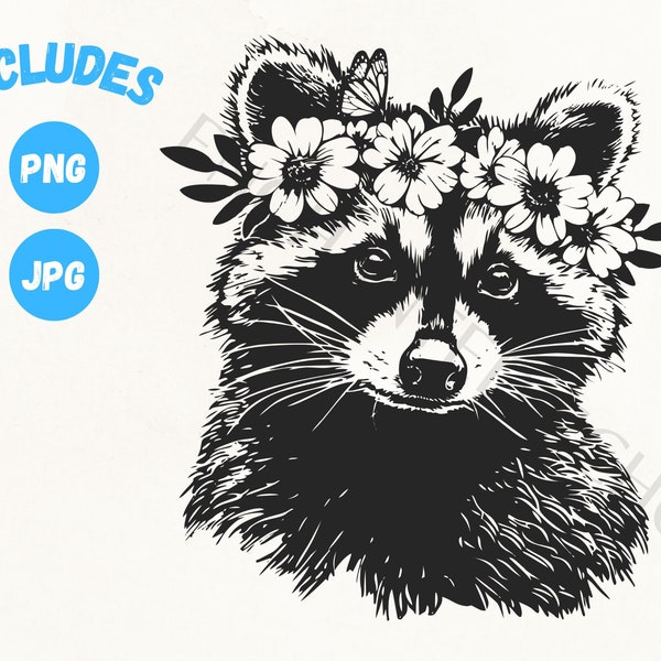 Raccoon With Flower png Flower Raccoon png Girl Cute Raccoon png Raccoon with Flower Crown png Cute Raccoon jpg Floral Raccoon png