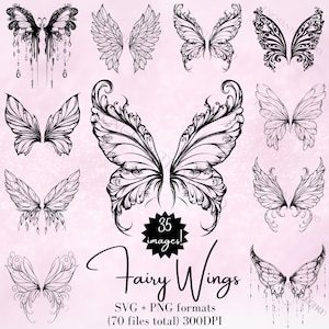 Ailes de fée SVG & PNG Pack de 35 - 70 fichiers au total - ailes de fantaisie SVG Bundle - clipart ailes de fée en cristal - Silhouette magique d'ailes de fée