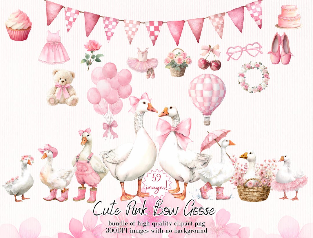 59 Watercolor Girly Goose Clipart, Coquette Nursery Pink Bow Silly ...