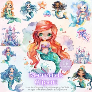 Wunderschöne Aquarell Meerjungfrau Clipart, Fantasy Meerjungfrauen Grafiken, Unterwasser Kinder Bundle, verzauberte Meerjungfrau Bilder, kommerzielle Nutzung Pngs