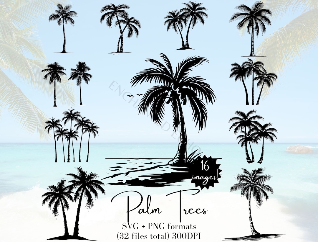 Tropical Palm Tree Silhouette SVG & PNG Bundle, Coastal Trees Clipart ...