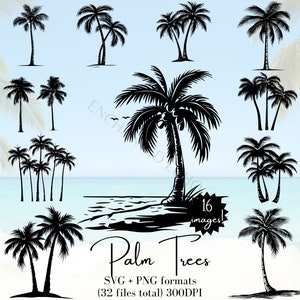 K&ouml;nnte beinhalten: Ein Set mit 16 Schwarz-Wei&szlig;-Silhouettenbildern von Palmen in verschiedenen Stilen. Die Bilder sind perfekt f&uuml;r Bastel-, Scrapbooking- und digitale Designprojekte.  SVG + PNG Formate (32 Dateien insgesamt) 300 DPI.