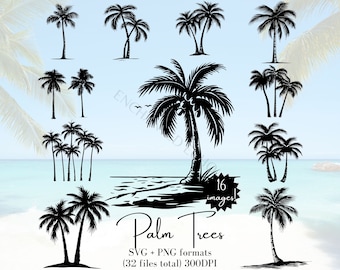 Könnte beinhalten: Ein Set mit 16 Schwarz-Weiß-Silhouettenbildern von Palmen in verschiedenen Stilen. Die Bilder sind perfekt für Bastel-, Scrapbooking- und digitale Designprojekte.  SVG + PNG Formate (32 Dateien insgesamt) 300 DPI.
