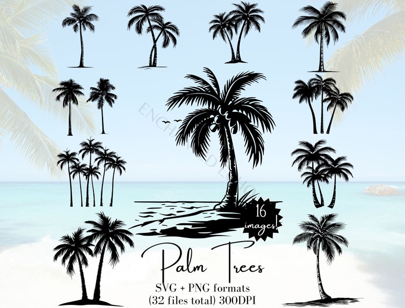 K&ouml;nnte beinhalten: Ein Set mit 16 Schwarz-Wei&szlig;-Silhouettenbildern von Palmen in verschiedenen Stilen. Die Bilder sind perfekt f&uuml;r Bastel-, Scrapbooking- und digitale Designprojekte.  SVG + PNG Formate (32 Dateien insgesamt) 300 DPI.